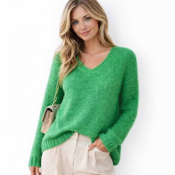 WOODEN SHIPS Mohair Wool Sweater V-Neck Soft Knit Pullover Oversized Green S M - Picture 1 of 10
